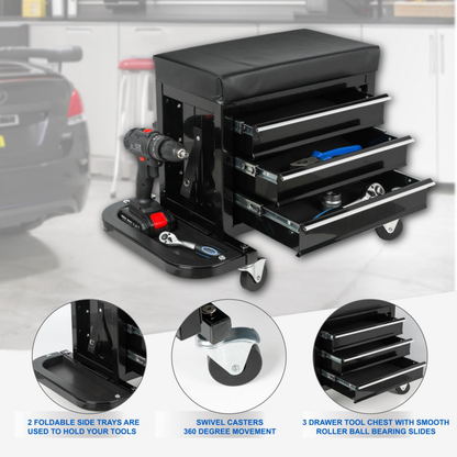 3-Drawer Tool Chest Rolling Mechanic Seat With Tool Trays,350lbs Max Weight Capacity,Black - view 10