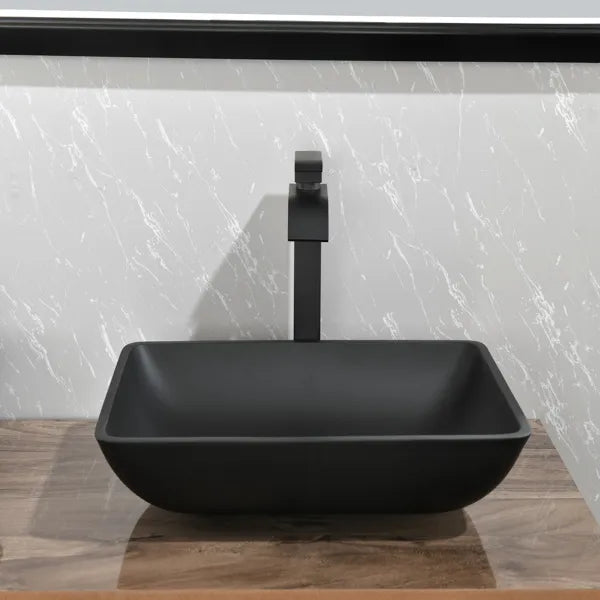14.38" L -22.25" W -4.38" H Matte Shell Glass Rectangular Vessel Bathroom Sink in Black with Faucet and Pop-Up Drain - view 2