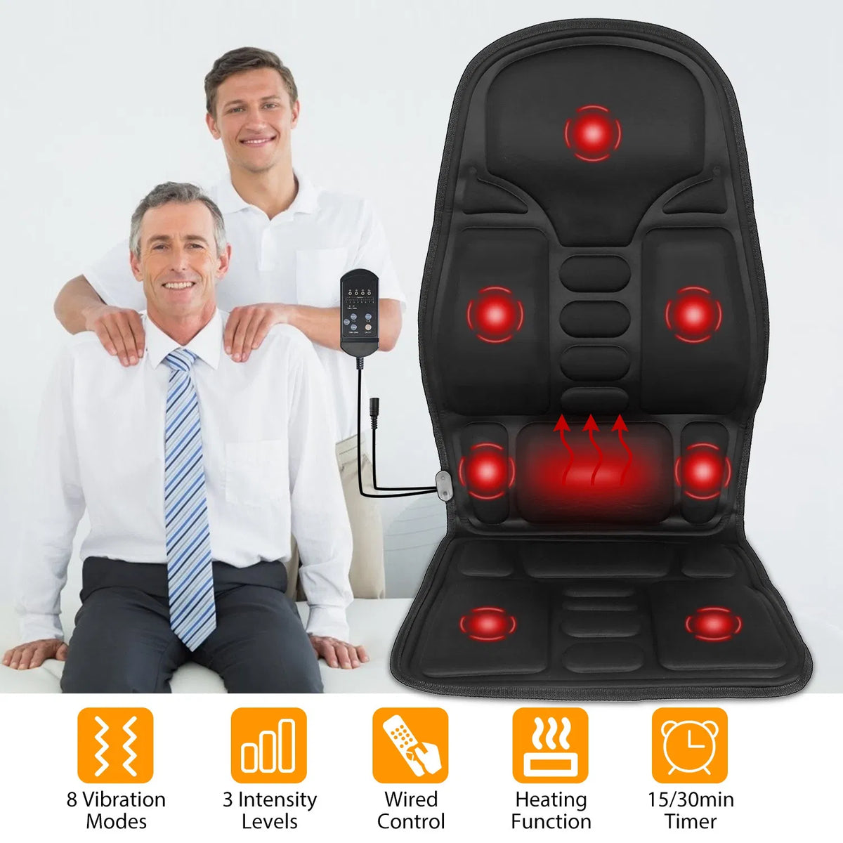Back Massager Cushion Electric Massage Car Seat Cushion Chair Pad w / Heating Function 8 Vibration Modes 3 Intensity