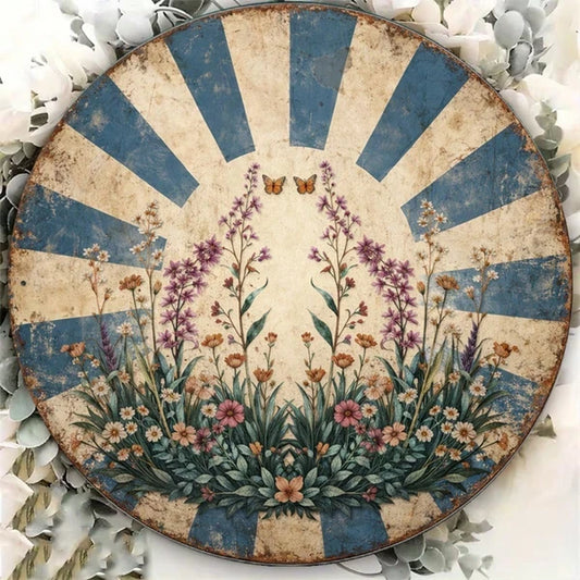 1pc 8x8in Vintage Butterfly & Flower Round Sign, & Flower Round Sign, Round Sign