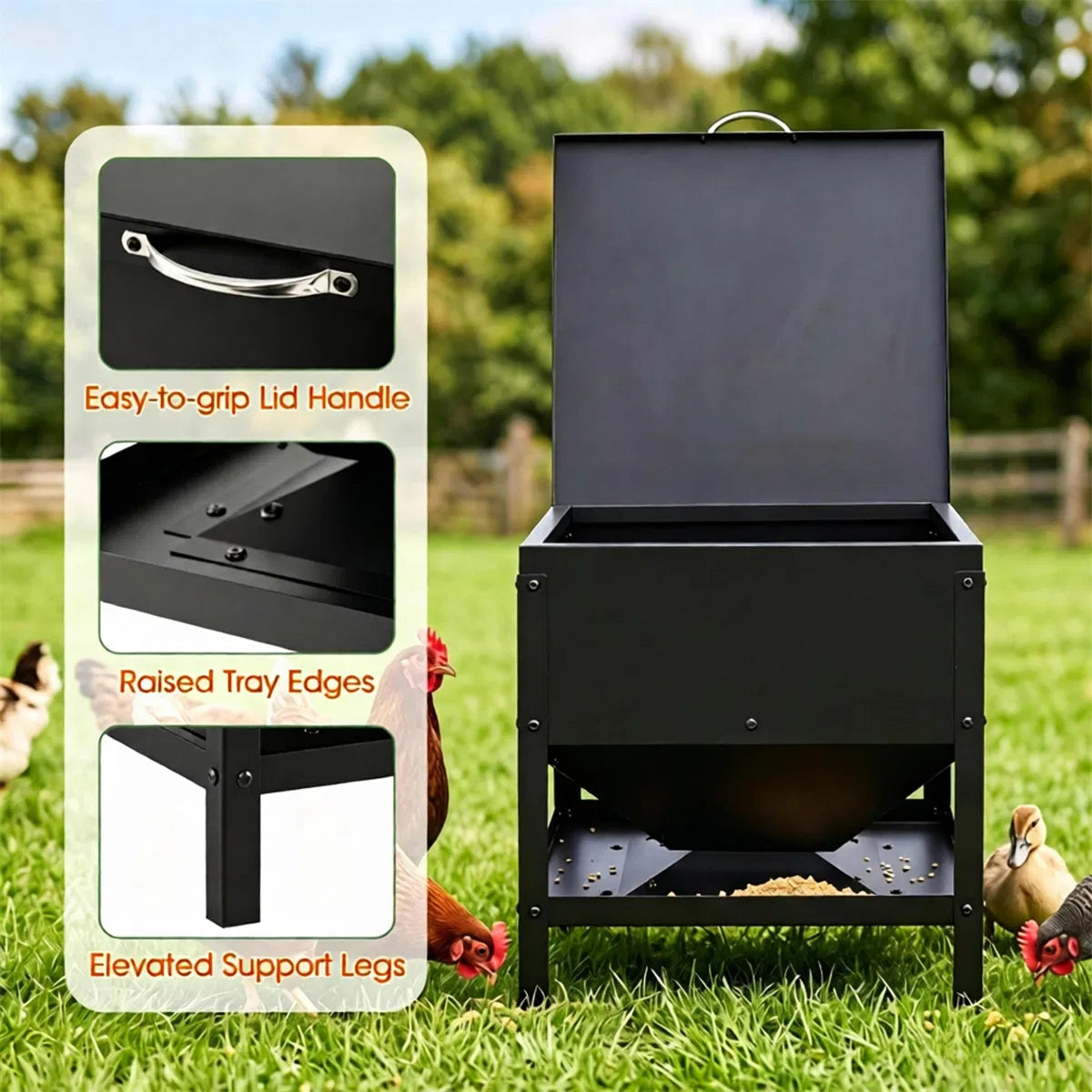 Heavy Duty Stainless Steel Chicken Feed Hopper with Lift Top Cover, Raised Legs Spill-Proof Poultry Feeding Box - view 5