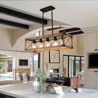 32 Inch Walnut Industrial Farmhouse Rectangle Pendant Light, 5-Light Chandelier With Lampshades For Dining Room - view 3