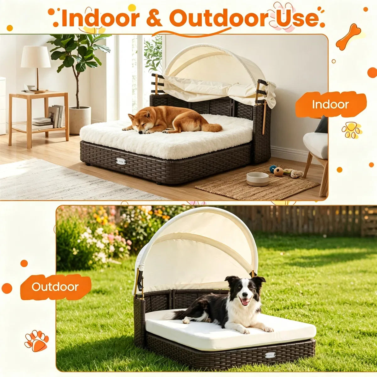 Hand-Woven PE Rattan Dog Bed with Adjustable Canopy, Elevated Outdoor Pet Daybed with Washable Plush Cushion - view 9