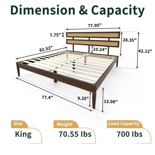 Dark walnut wood painted finish + rattan and pine wood double headboard King size bed, Bohemian style - view 7