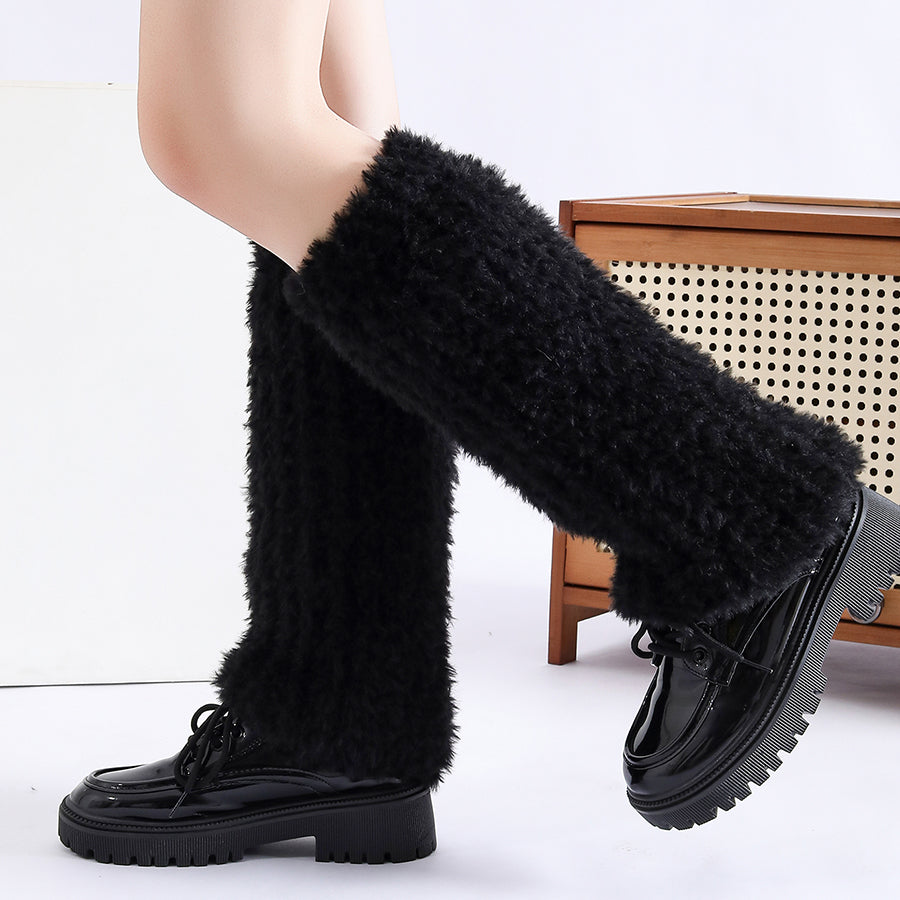 Autumn Winter Solid Knitted Fuzzy Sock Covers Women Thickened Warm Y2K Style Fleece-Lined Fluffy Fur Leg Warmers Calf - view 3