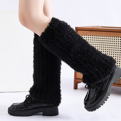 Autumn Winter Solid Knitted Fuzzy Sock Covers Women Thickened Warm Y2K Style Fleece-Lined Fluffy Fur Leg Warmers Calf - view 3