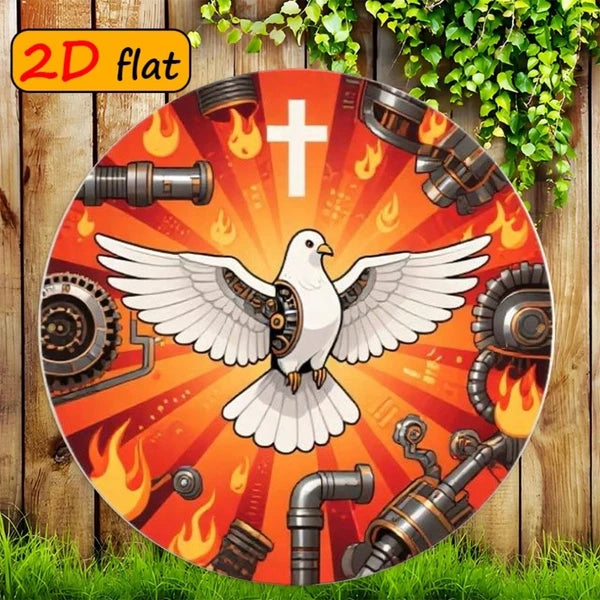 1pc 7.87x7.87in Round Aluminum Sign With White, 7.87x7.87in, Aluminum Sign With White Dove & Mechanical Elements - view 3