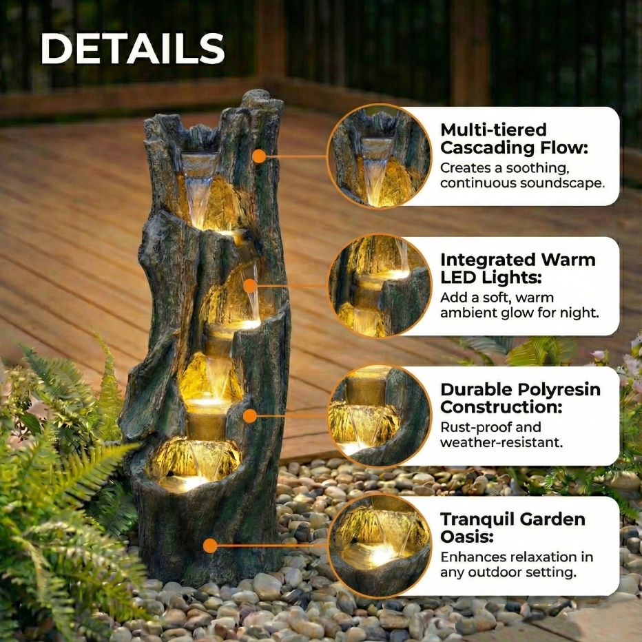 Waterfall Fountain For Outdoor Gardens And Patio Backyards Includes Energy-Efficient LED Lights And Easy Setup - view 6