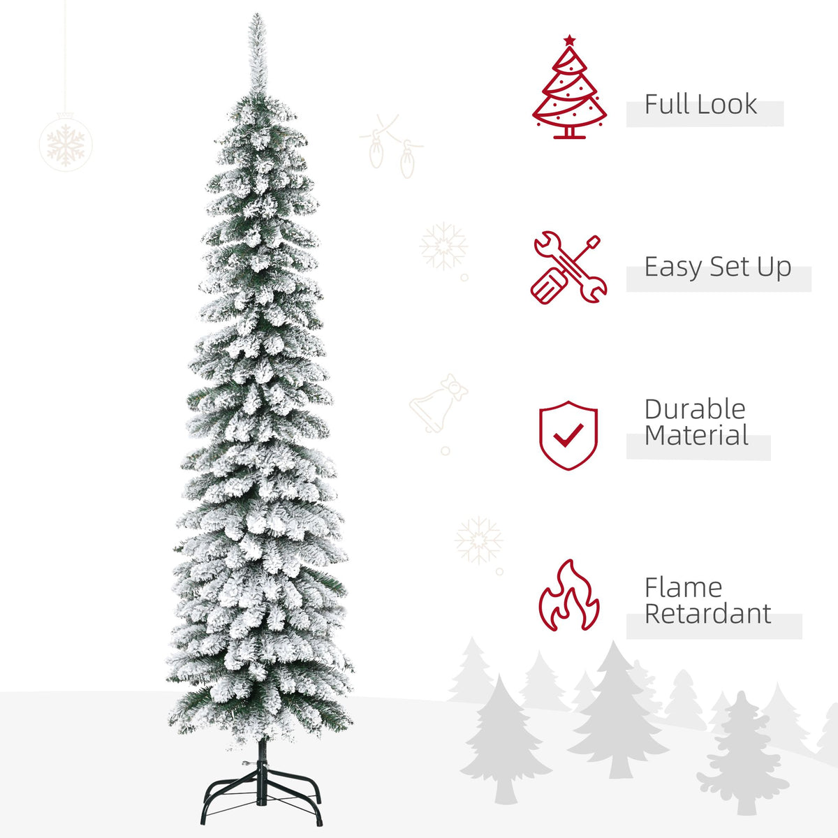 6 Ft Snow-Flocked Artificial Christmas Tree, Slim Pencil Xmas Tree With Realistic Branches, Metal Base, Green - view 4