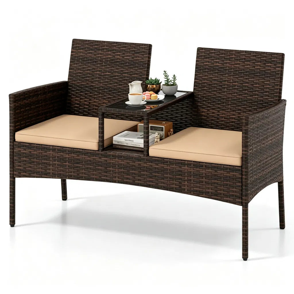 2-Seat PE Wicker Patio Loveseat Set, Outdoor Rattan Sofa with 2-Tier Tempered Glass Table