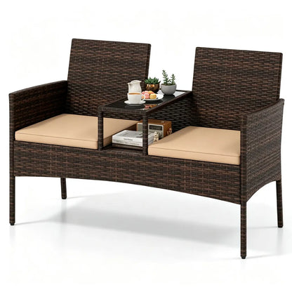 2-Seat PE Wicker Patio Loveseat Set, Outdoor Rattan Sofa with 2-Tier Tempered Glass Table
