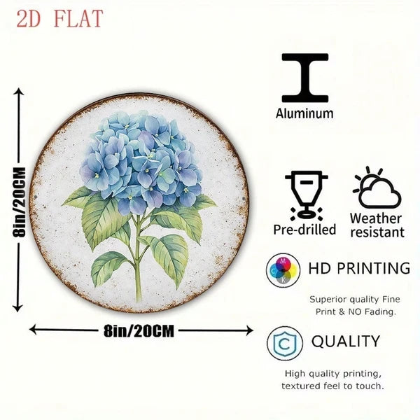 1pc Vintage Blue Hydrangea Round Sign 8x8in, Round Sign 8x8in, 8x8in, 2D Flat Decorative Plaque For Kitchen Garden - view 3