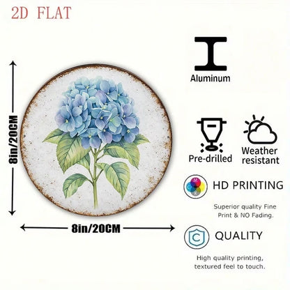 1pc Vintage Blue Hydrangea Round Sign 8x8in, Round Sign 8x8in, 8x8in, 2D Flat Decorative Plaque For Kitchen Garden - view 3