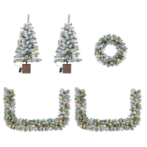Pre-lit Holiday Christmas 4-Piece Set, Christmas Garland, Wreath And Set Of 2 Entrance Trees With Warm White LED Lights