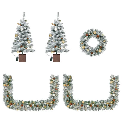 Pre-lit Holiday Christmas 4-Piece Set, Christmas Garland, Wreath And Set Of 2 Entrance Trees With Warm White LED Lights