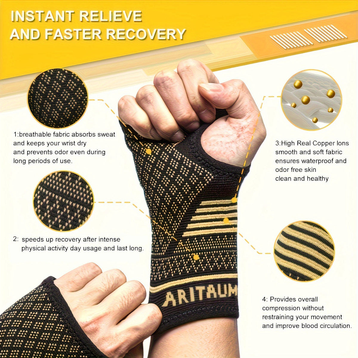 1 Pair Copper Wrist Compression Sleeves Support Brace Unisex For Sports Fitness Workouts Typing Breathable Hand - view 6
