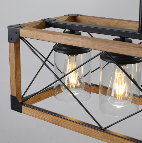 32 Inch Walnut Industrial Farmhouse Rectangle Pendant Light, 5-Light Chandelier With Lampshades For Dining Room - view 9