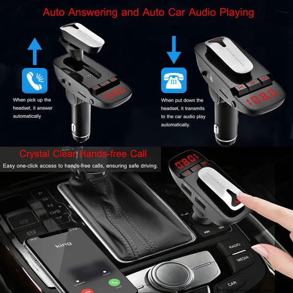 Car FM Transmitter W / Wireless Earpiece 2 USB Charge Ports Hands-free Call MP3 Player - view 3