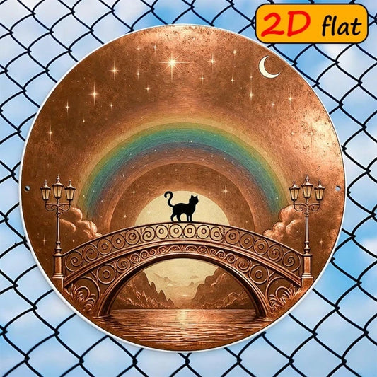 2D Flat Round Aluminum Sign 7.87x7.87 Inch, Black Cat On Arch Bridge With Rainbow Night Sky Stars
