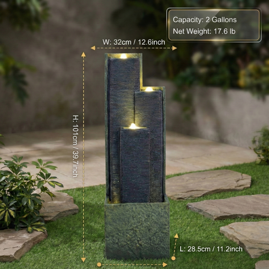 39inch H Outdoor Water Fountain Modern Cascading Freestanding Fountain With LED Lights For Garden Patio Porch Lawn Decor - view 3