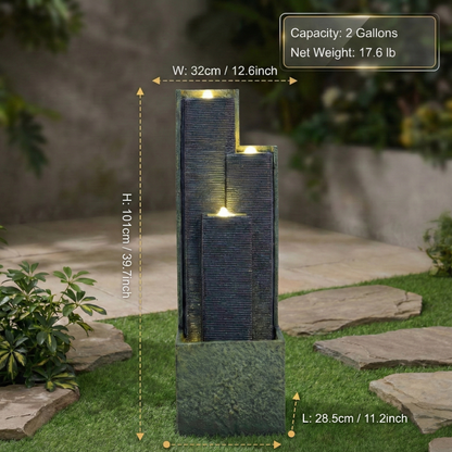 39inch H Outdoor Water Fountain Modern Cascading Freestanding Fountain With LED Lights For Garden Patio Porch Lawn Decor - view 3