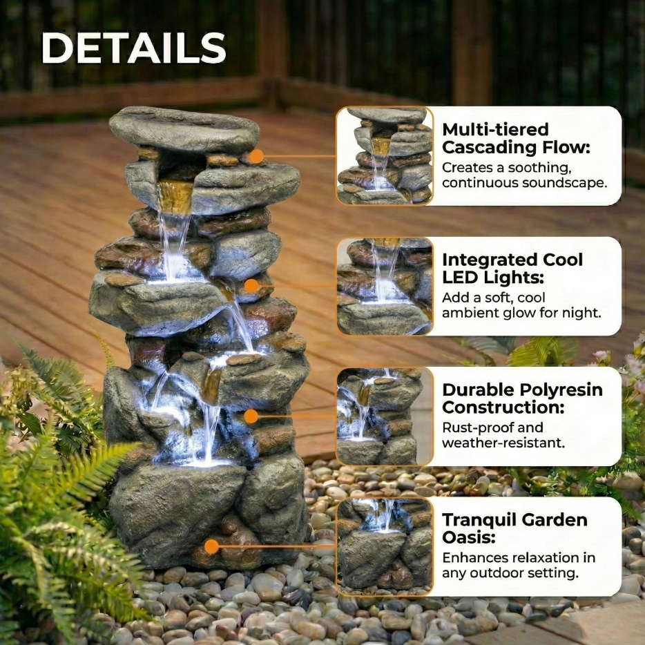 Outdoor Water Fountain Large - Stone Fountains With LED Light For Patio Yard Garden Backyard Decking Outdoor Or - view 4