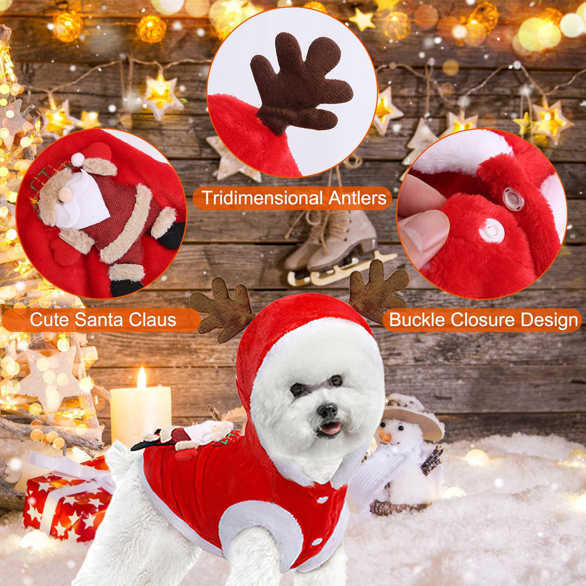 1Pc Pet Christmas Clothes Santa Claus Reindeer Antlers Costume Winter Outfit New Year Coat For Small Medium Dogs Cats - view 7