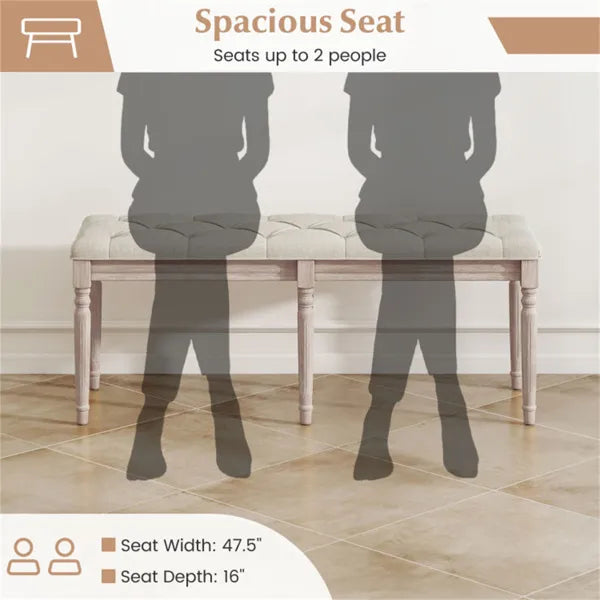 Beige 47.5" Rubber Wood Upholstered Bench With Button-Tufted Seat, 440 Lbs Capacity Retro Entryway Bedroom Bench - view 4