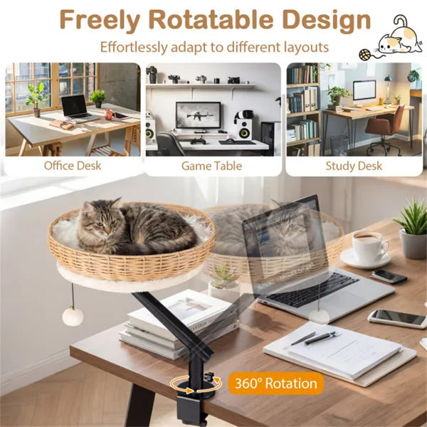 360° Rotatable Desktop Cat Bed Perch, 2-in-1 Workspace Cat Retreat With Jingling Ball (Natural + Black + White) - view 4