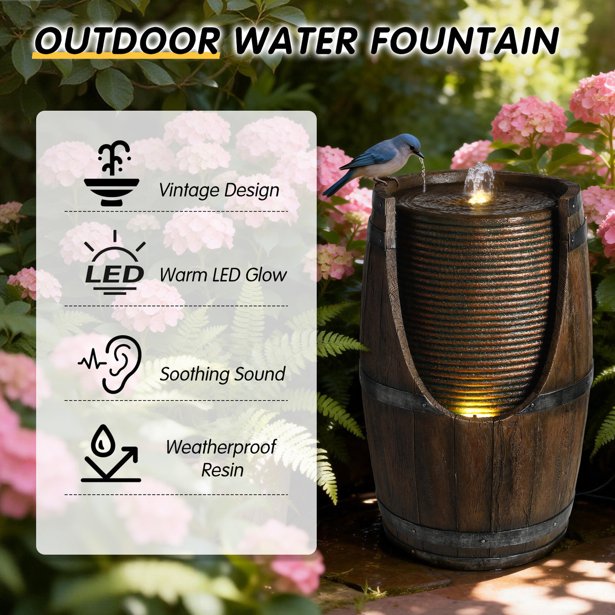 Outdoor Barrel Water Fountain With Lights Rustic Wood Look Resin Handmade Waterfall Garden Decor For Patio Yard Porch - view 6
