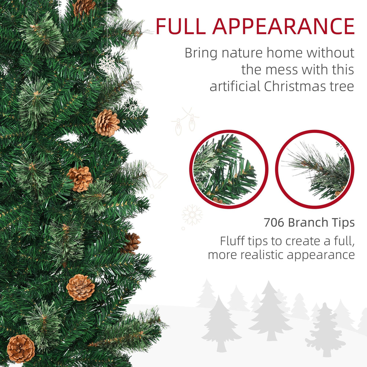 7.5ft Pencil Christmas Tree, Artificial Christmas With Pine Needles, Realistic Branches, Pine Cones, Metal Base, Green - view 4