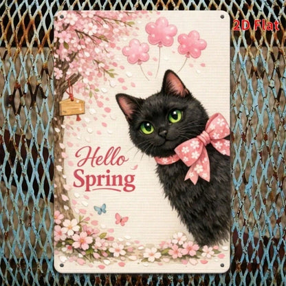 Hello Spring Cherry Blossom Black Cat Metal Plaque, Vintage 2D Flat Print Wall Art - view 2
