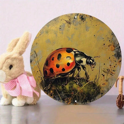 1pc 8x8 Inch Round Aluminum Metal Sign, Golden Ladybug Wall Decor, Vintage Farmhouse Wreath Door Hanging Plaque - view 3