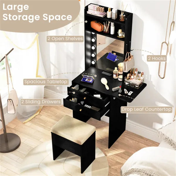 3-Color LED Lighted Vanity Desk with Charging Station - Foldable Makeup Table & Cushioned Stool Set - view 5