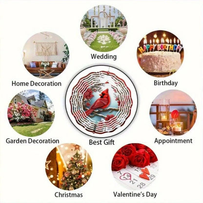 Cardinal Wind Spinners with Pine & Floral Design: Vibrant Red Metal Outdoor Decor | Hanging Wind Chimes for Garden - view 4