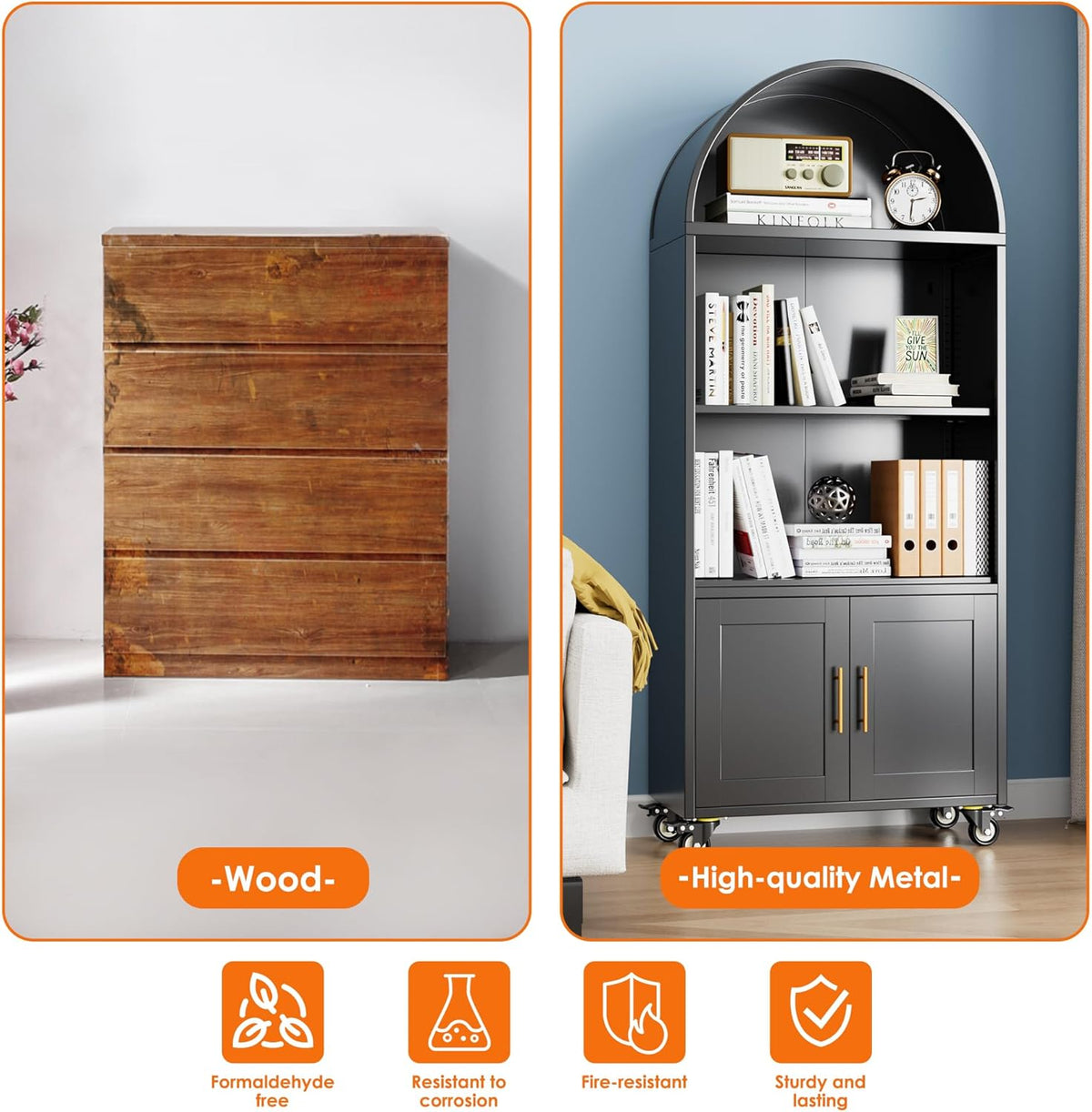 Metal Arched Bookcase With Wheels, Modern Freestanding Black Arch Storage Cabinets For Home Office Bookshelf Living Room - view 4