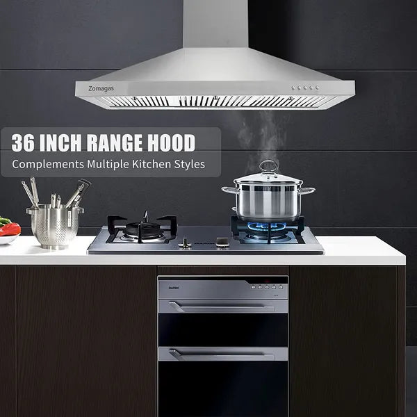Range Hood 36 Inch; Wall Mount Vent Hood In Stainless Steel With Ducted/Ductless Convertible Duct; 3 Speed Exhaust Fan - view 3