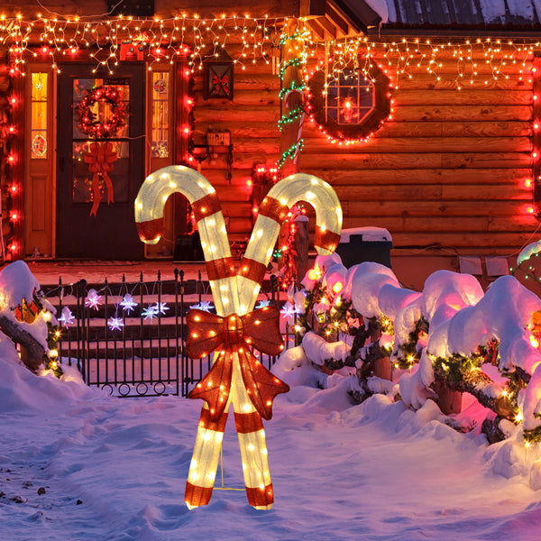 Lighted Candy Cane And Red Bowknot Christmas Decorations, Pre-lit 2D Holiday Decor With 100 Warm White LED Lights - view 8