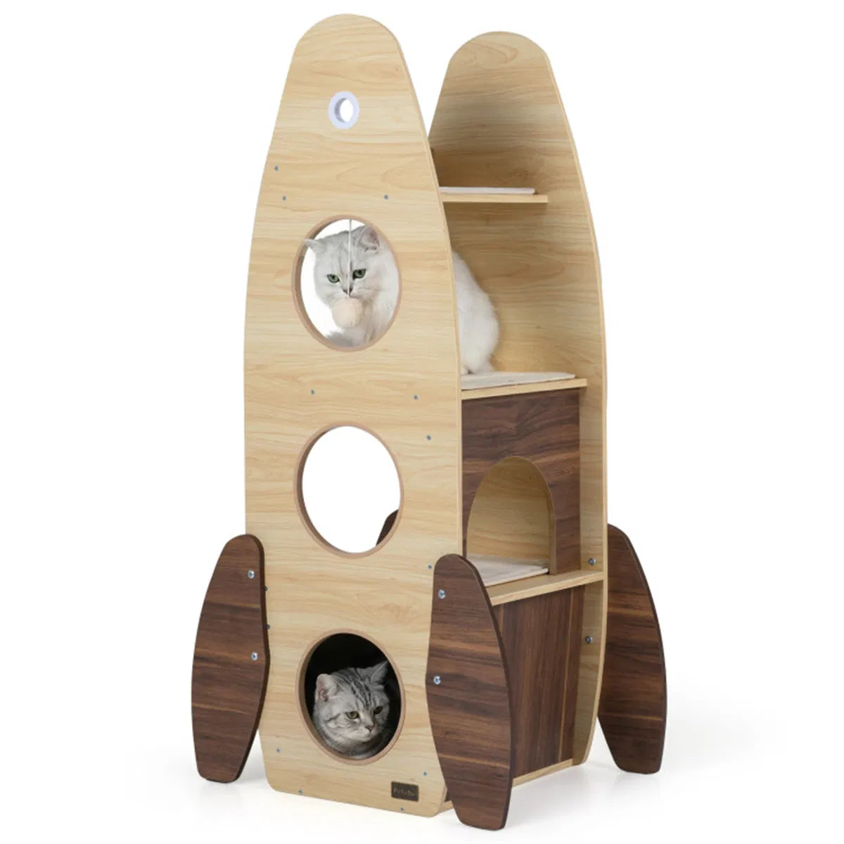 4-Tier Rocket Shape Cat Tree with 2-Tier Condo Sisal Scratch Pad Hanging Pompom Natural+White - view 4