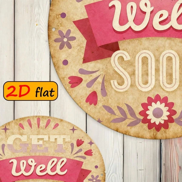 1pc Get Well Soon Gift, " Round Aluminum" Aluminum Wall Plaque, Plaque, Pink & Beige Floral & Hearts Design - view 3