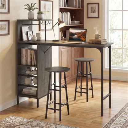 3PCS Bar Table & Stools Set, Wine Storage (6 Bottles + Wine Glass Holder), Oak - view 3
