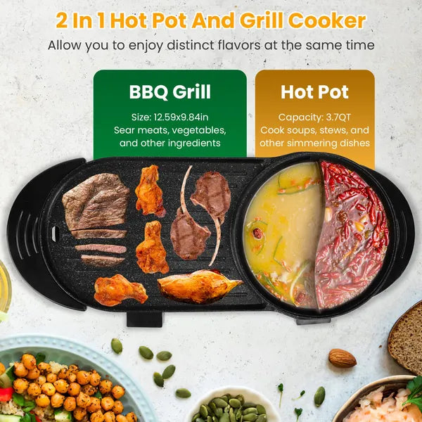 Dual-Electric 2 In 1 Hot Pot & Grill Combo, 2200W Rapid-Heat Indoor, 3.7 QT Non-Stick Hotpot Separate Temp Control - view 4