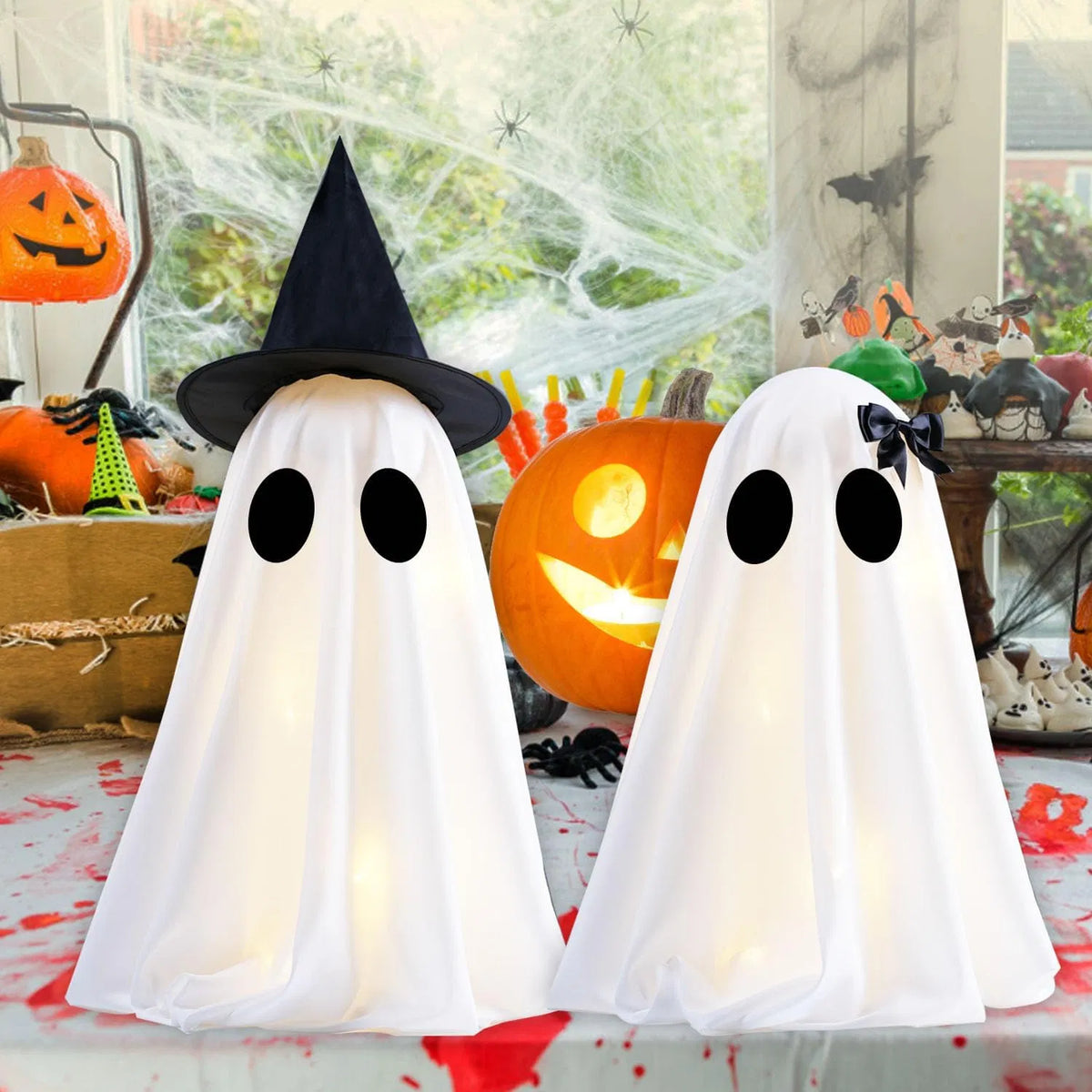 Light Up Halloween Scary Ghost Decorations, Set of 2 DIY Spooky Crafts for Indoor Home Mantel Shelf & Tabletop Decor - view 9