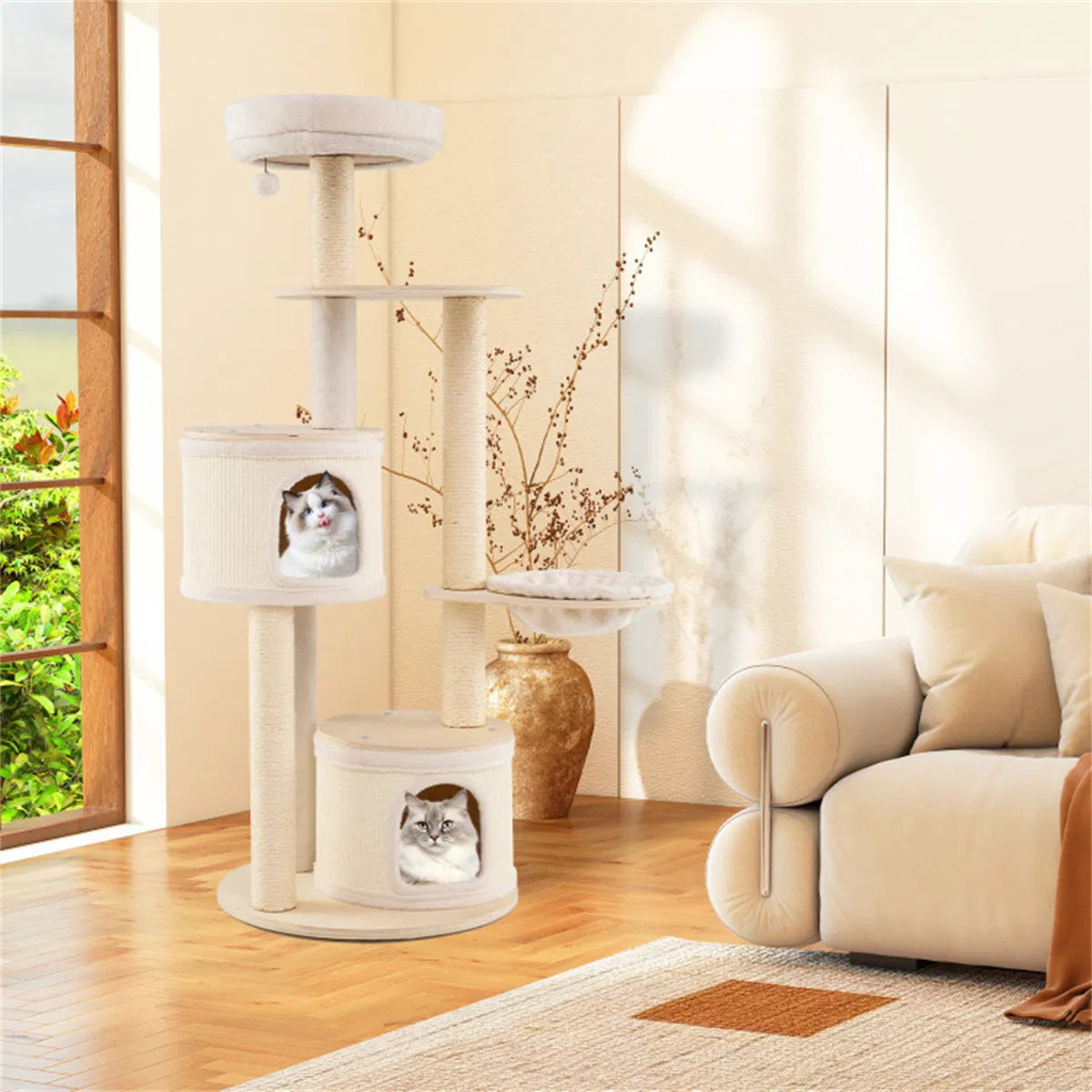 60 Inch Tall Wooden Cat Tree Multi-Level Cat Tower with Sisal Scratching Posts & Condos for Indoor Cats, Natural - view 7