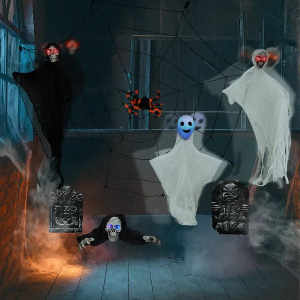 Outdoor Halloween Decorations 8-Piece Set, Hanging Ghosts Decor And Cobweb And Gravestone With Lighted Up Eyes - view 3