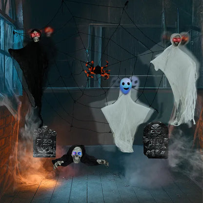 Outdoor Halloween Decorations 8-Piece Set, Hanging Ghosts Decor And Cobweb And Gravestone With Lighted Up Eyes - view 3