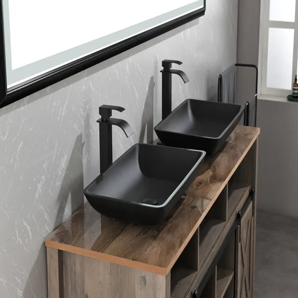 14.38" L -22.25" W -4.38" H Matte Shell Glass Rectangular Vessel Bathroom Sink in Black with Faucet and Pop-Up Drain - view 4
