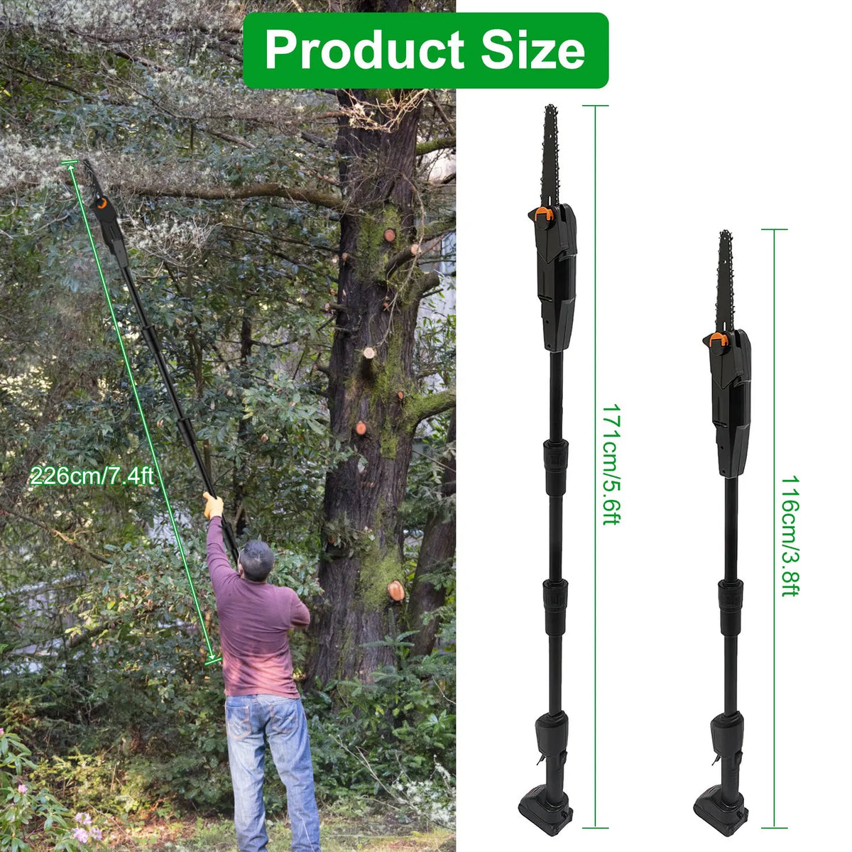 6in Cordless Pole Saw 7.4FT Maximum Extendable Length 35FT S Speed Electric Pole Chainsaw 2Pcs 3.0Ah Batteries - view 9