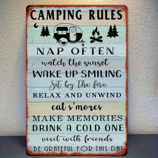 Vintage Camping Rules Metal Sign Rustic Wall Decor For Cabin Cottage RV Room Wall Hanging