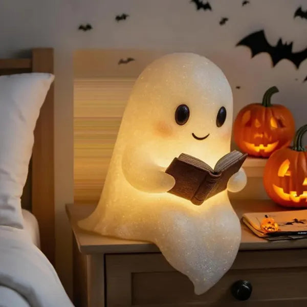 Cute Ghost Reading Book Lamp Halloween Gifts Light Up Ghost Statue Night Light Ghost Warm Lighted Indoor Figurine House - view 2